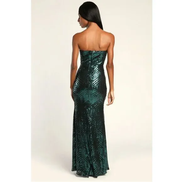 Lulus 'Dazzling Magic' Teal and Black Sequin Strapless Maxi Dress - Picture 4 of 16